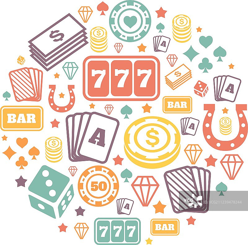 赌场和纸牌扑克游戏博彩图标集图片素材