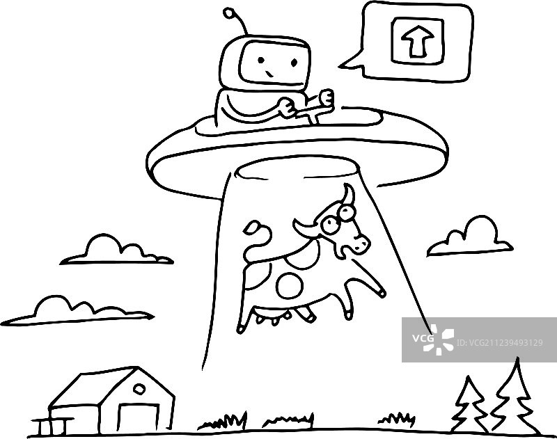 外星人机器人偷牛的UFO素描404图片素材