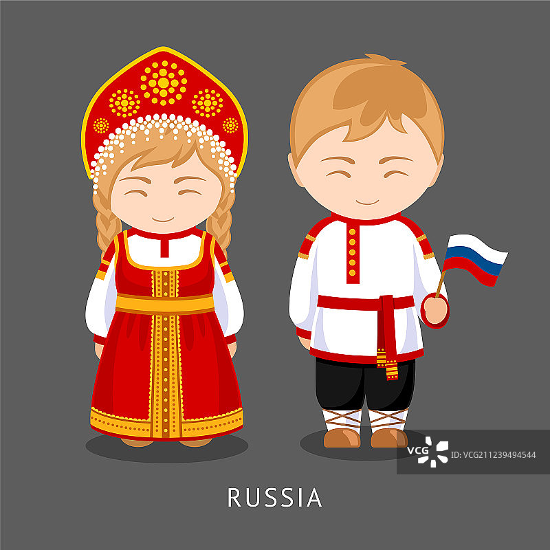 身着民族服装、手持国旗的俄罗斯人图片素材