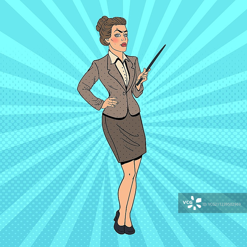 拿着指示棒的波普艺术女商人图片素材