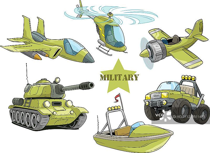 卡通绿色军用车辆套装图片素材