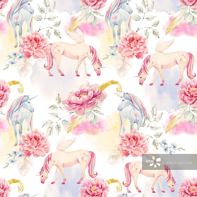 水彩独角兽和飞马图案图片素材