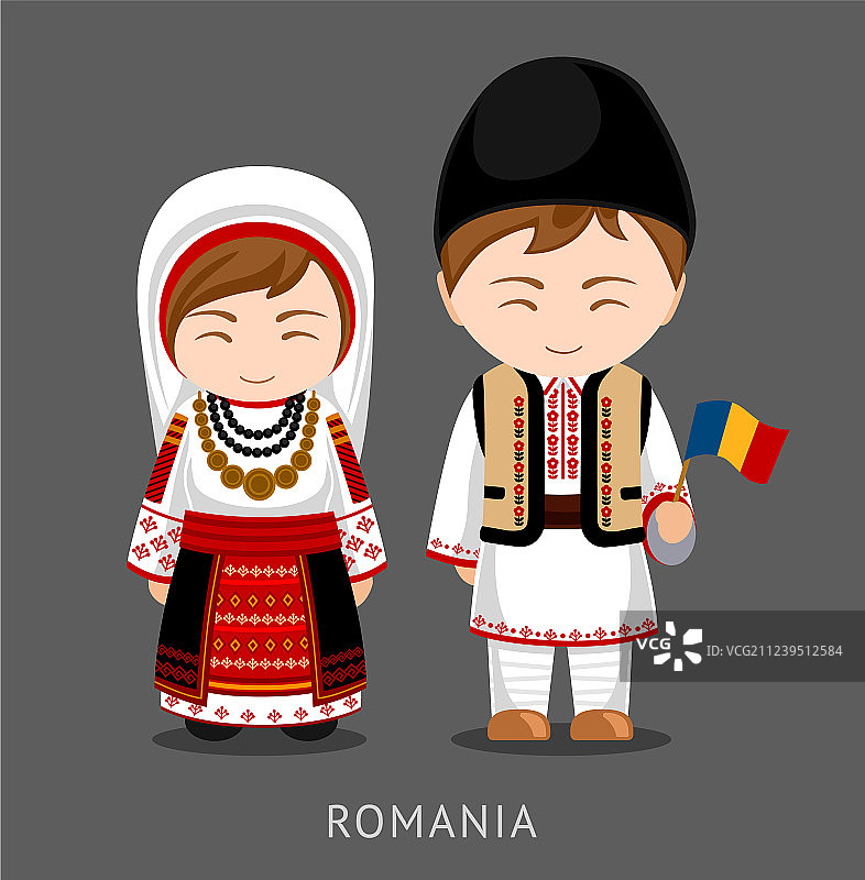 身着民族服装的罗马尼亚人，手持旗帜图片素材