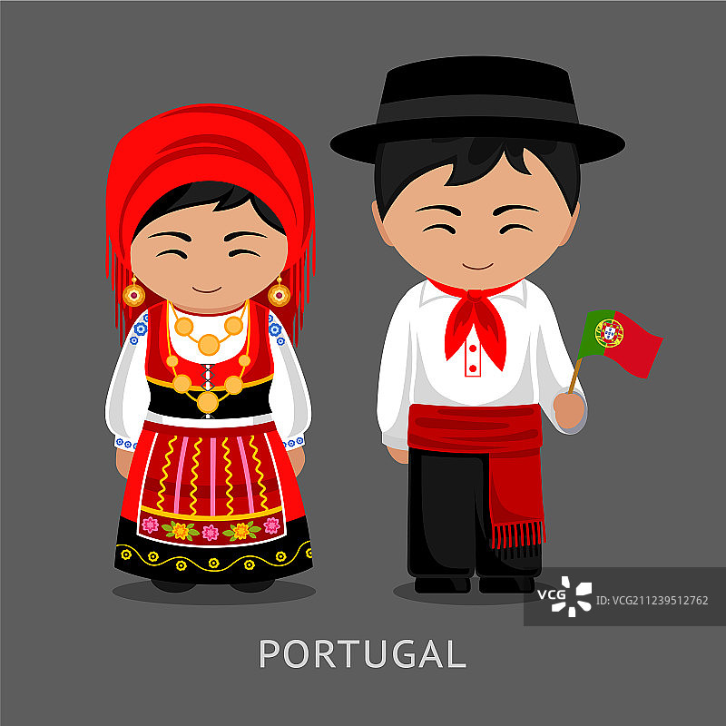 穿着民族服装的葡萄牙人挥舞着旗帜图片素材