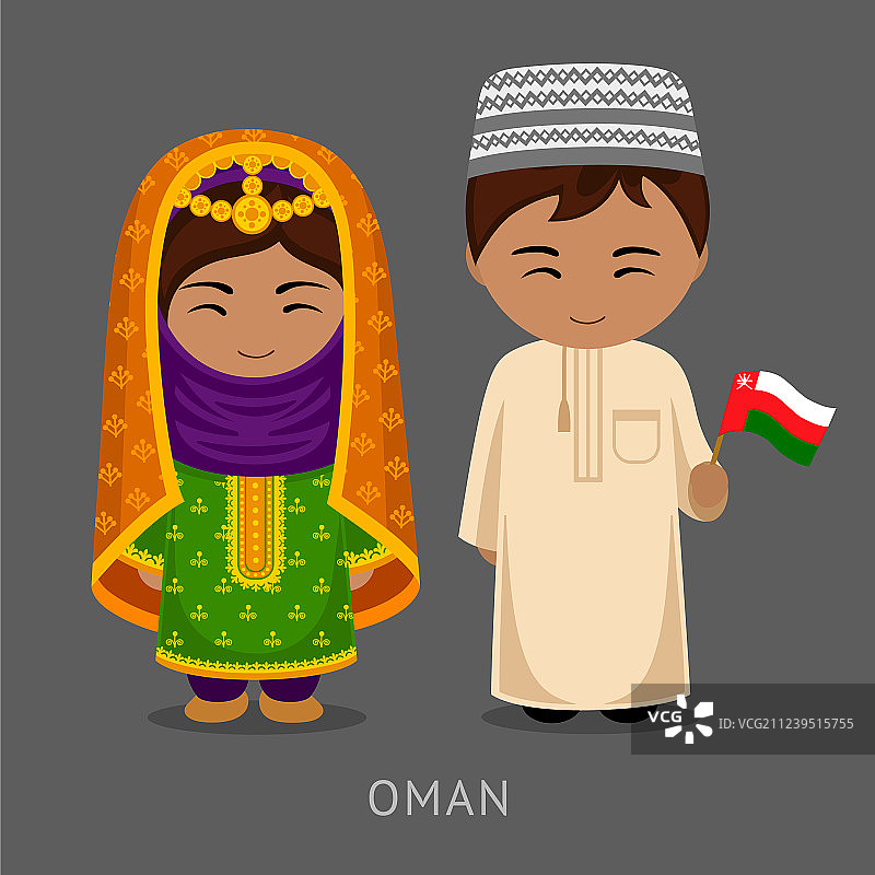 身穿民族服装的阿曼人，手持国旗图片素材
