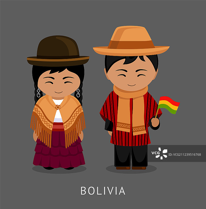 身穿民族服装的玻利维亚人与国旗图片素材