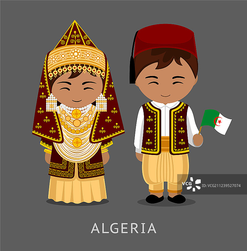 身穿民族服装并手持国旗的阿尔及利亚人图片素材