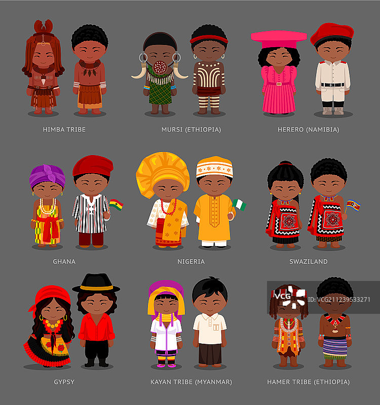 身着民族服装的非洲人和亚洲人图片素材