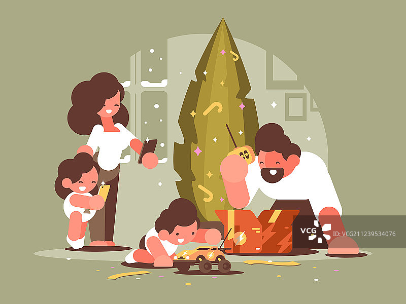 父母和孩子们打开圣诞礼物图片素材