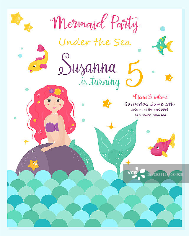 可爱的美人鱼邀请卡图片素材