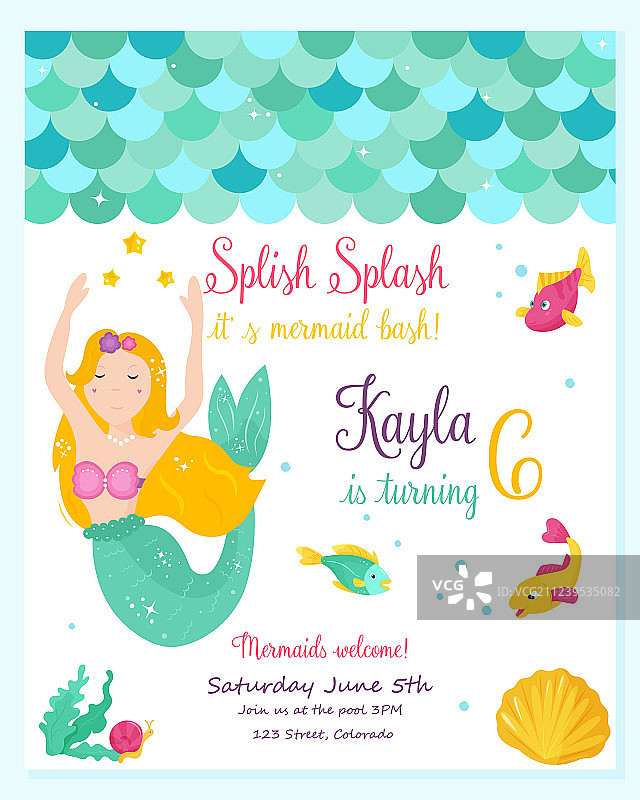 可爱的美人鱼邀请卡图片素材