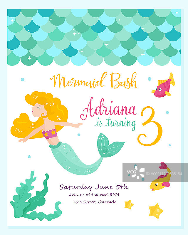 可爱的美人鱼邀请卡图片素材