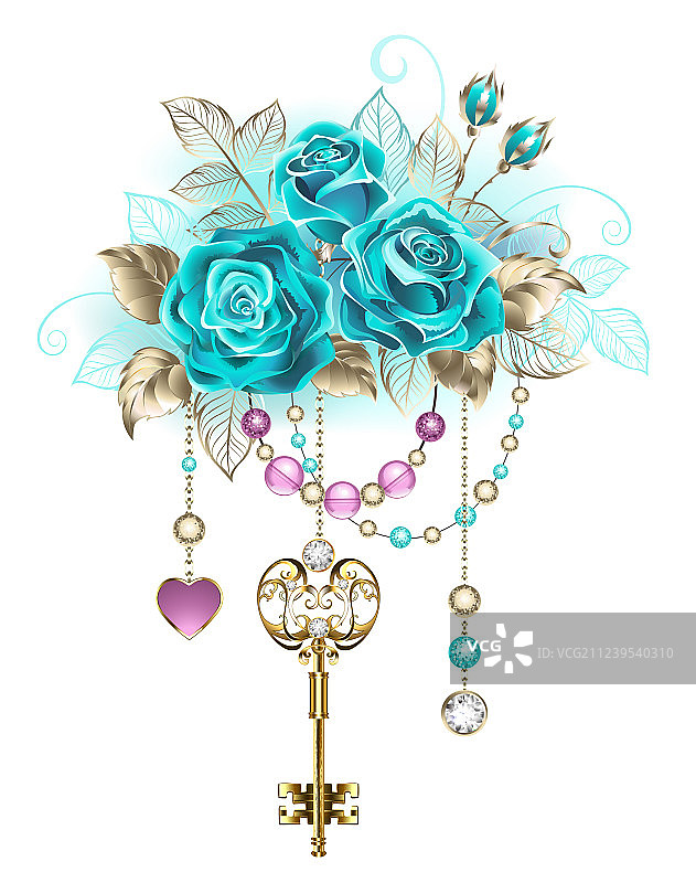 绿松石色玫瑰与钥匙图片素材