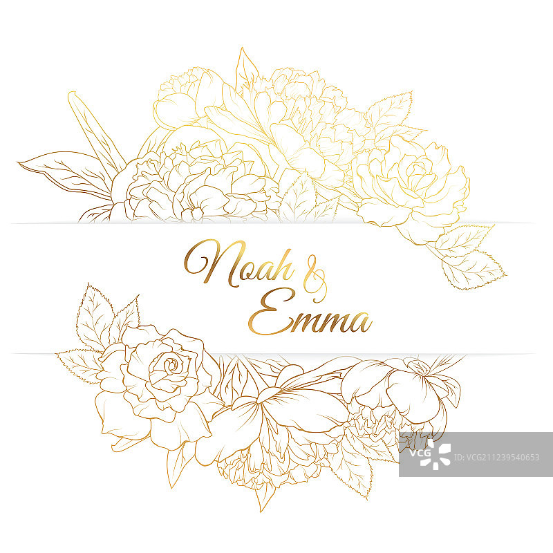 牡丹玫瑰花金色婚礼请柬边框图片素材