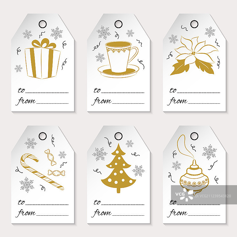 一套六个带有圣诞节或新年礼品标签图片素材