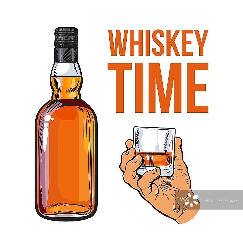 威士忌酒瓶和手持装满的shot杯图片素材