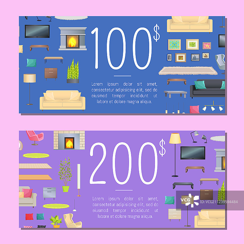100美元和200美元优惠券套装图片素材