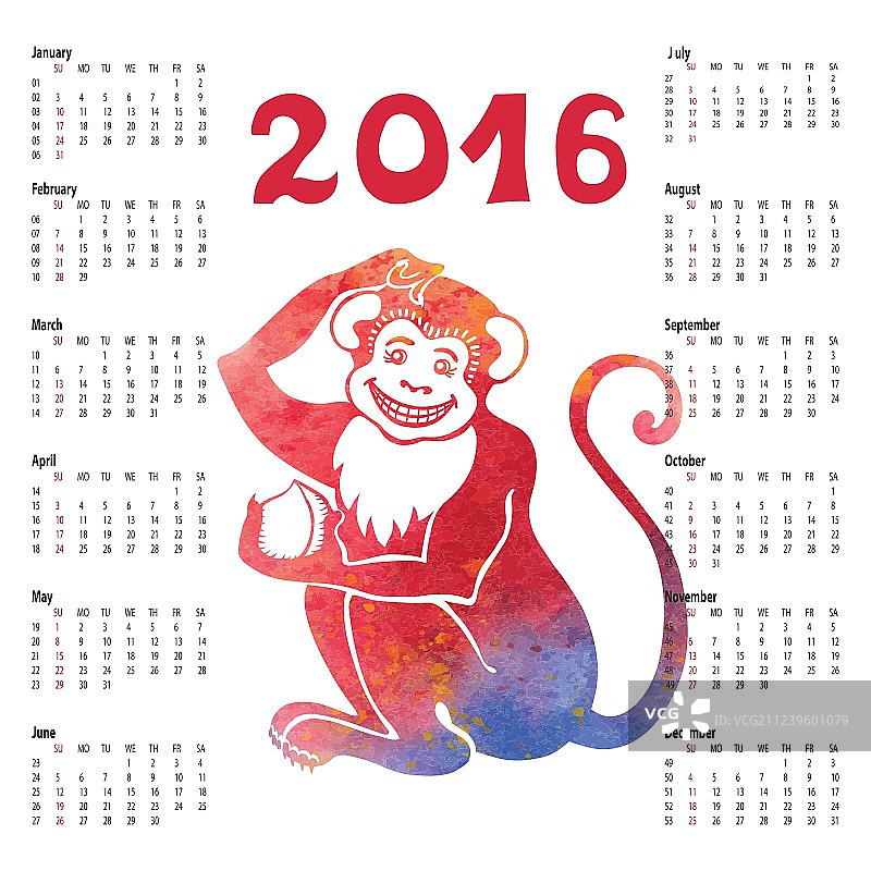 2016中国生肖猴年水彩日历图片素材