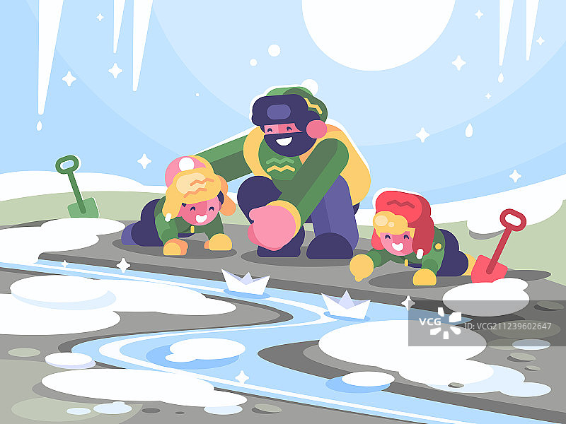 父亲和孩子们放纸船图片素材