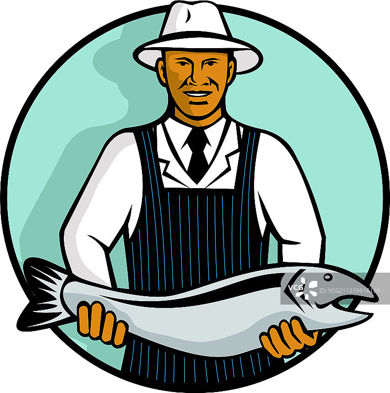 拿着鳟鱼的非裔美国鱼贩图片素材