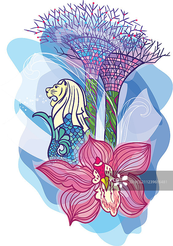 亚洲旅行新加坡彩色手绘图片素材