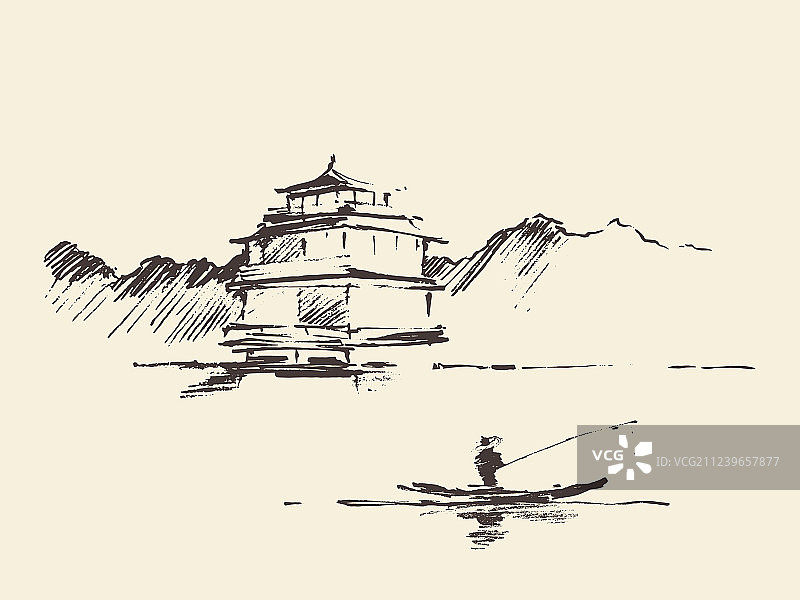 东方景观宝塔湖泊手绘草图图片素材