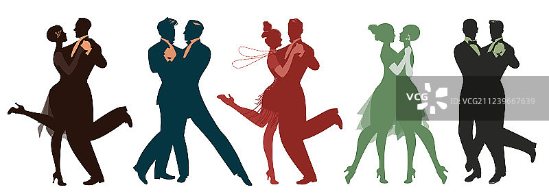 穿着服装的五对夫妇剪影图片素材