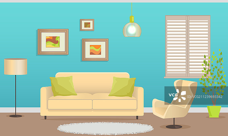 配备舒适家具的时尚室内设计图片素材