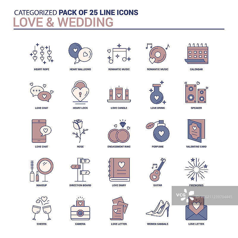 复古爱心婚礼图标合集-25个扁平线条图片素材