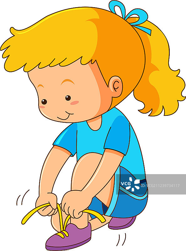 女孩在白色背景上系鞋带图片素材