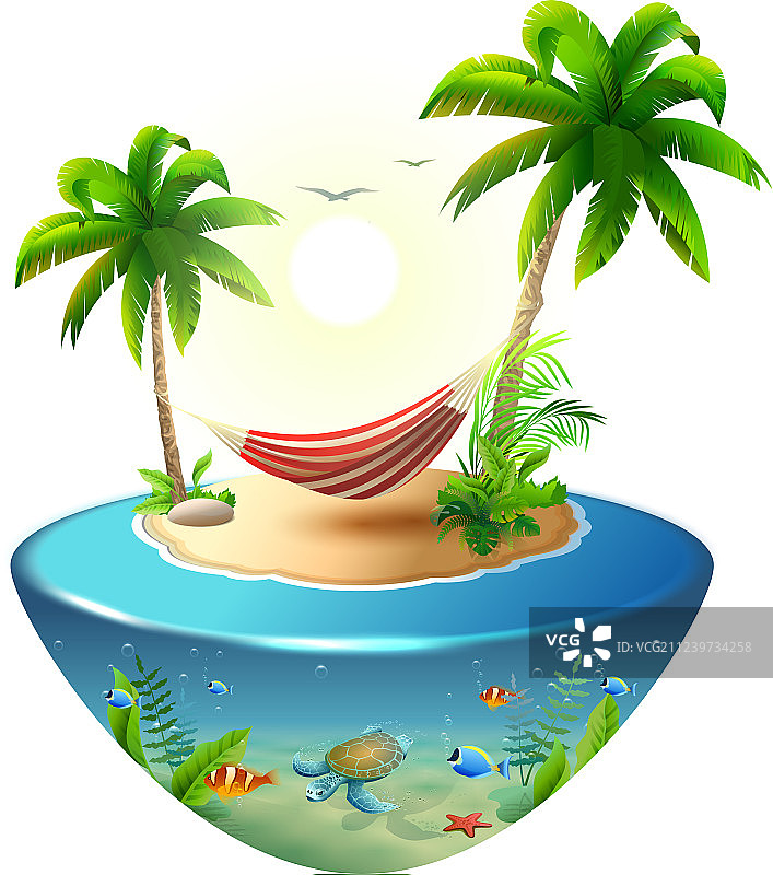 热带棕榈树间的条纹吊床图片素材