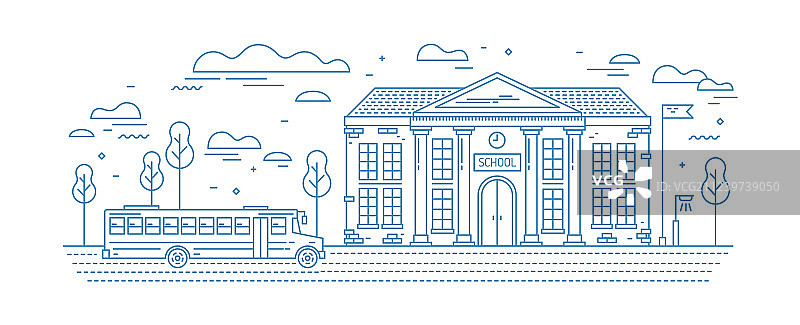 带柱子和公共汽车的古典学校建筑图片素材