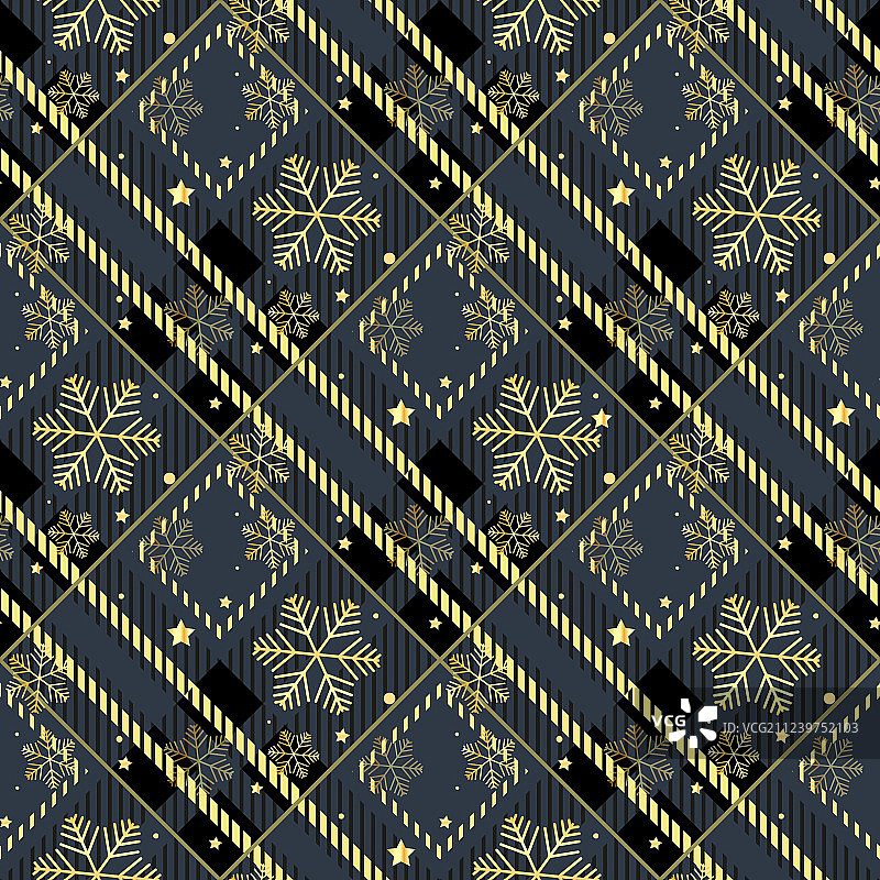 深色格子花纹织物上的金色雪花无缝图案图片素材
