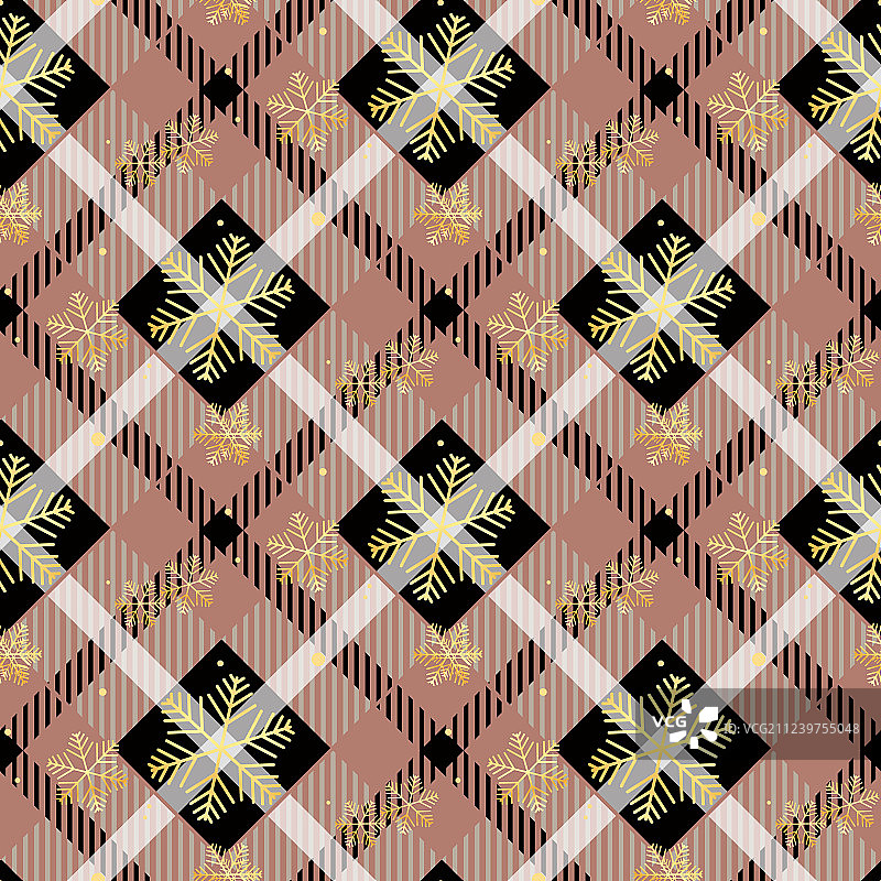 深色格子花纹织物上的金色雪花无缝图案图片素材