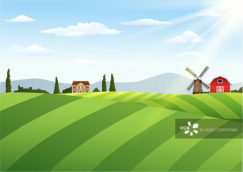 带有谷仓和风车的农场景观图片素材