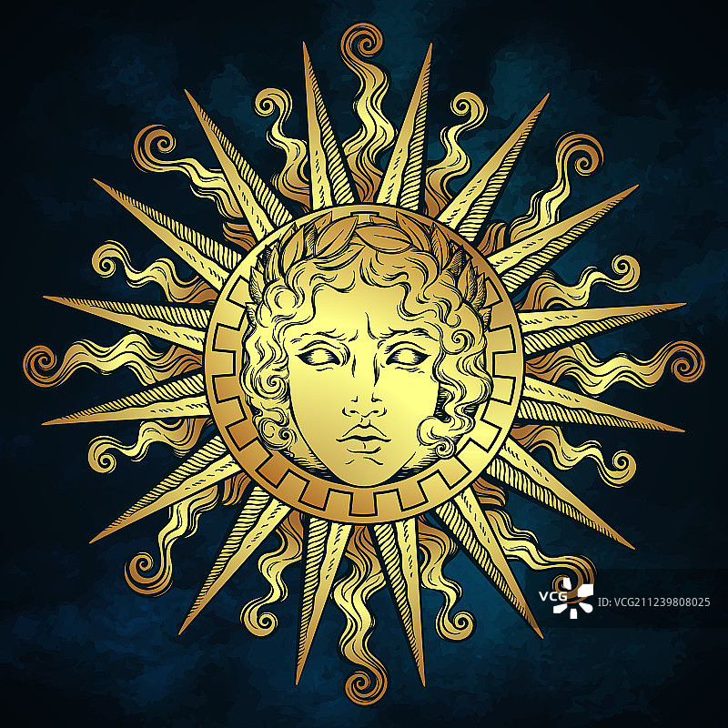 手绘古董风格金色太阳阿波罗图片素材