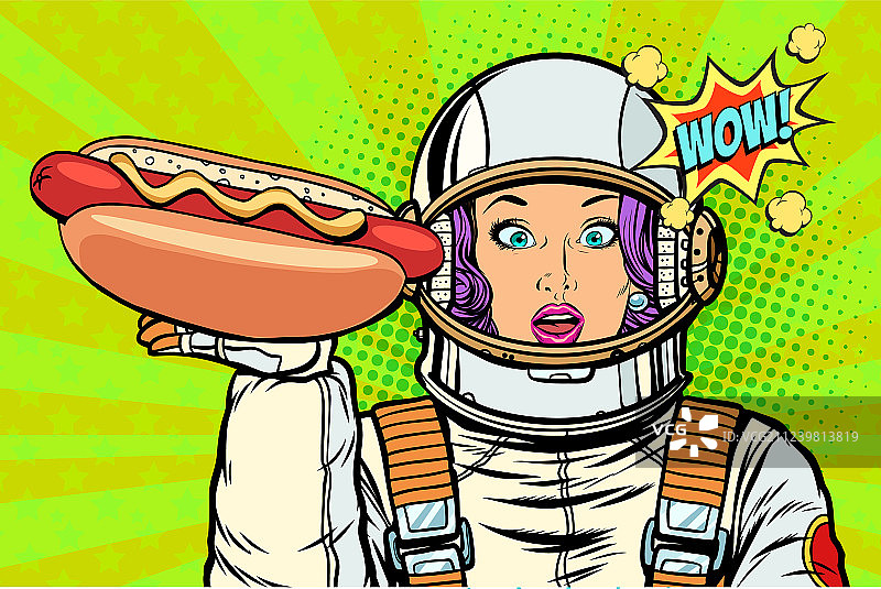 拿着热狗肠的饥饿女宇航员图片素材