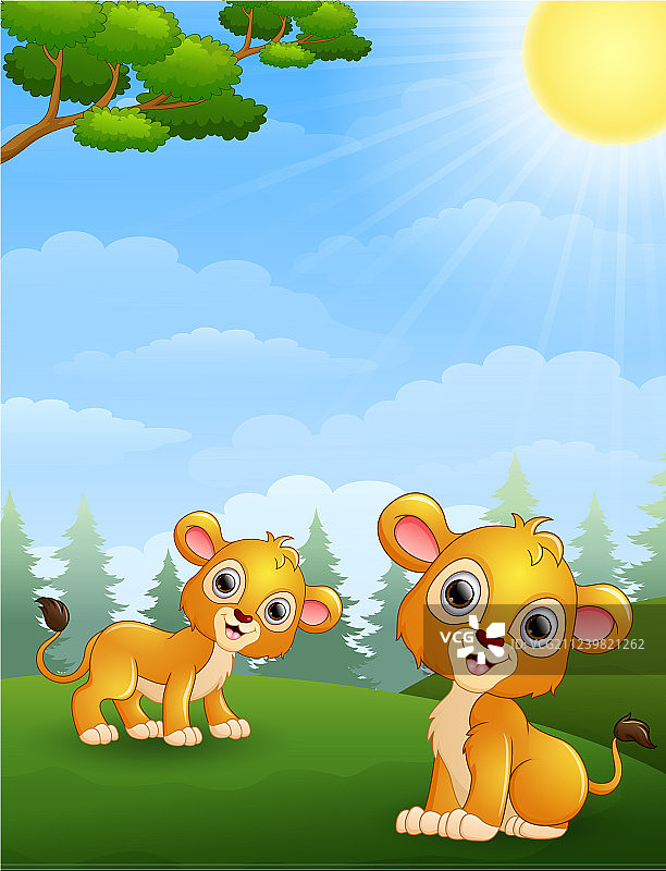 丛林中的两只小狮子卡通图片素材