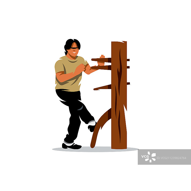 练习木人桩的咏春拳男子图片素材