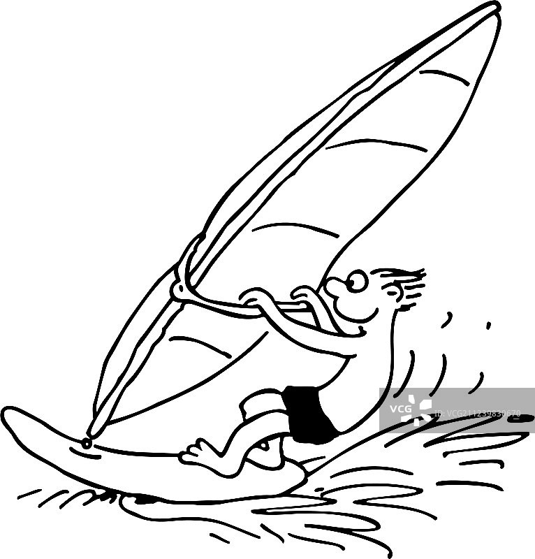 男孩玩帆板运动手绘卡通图片素材