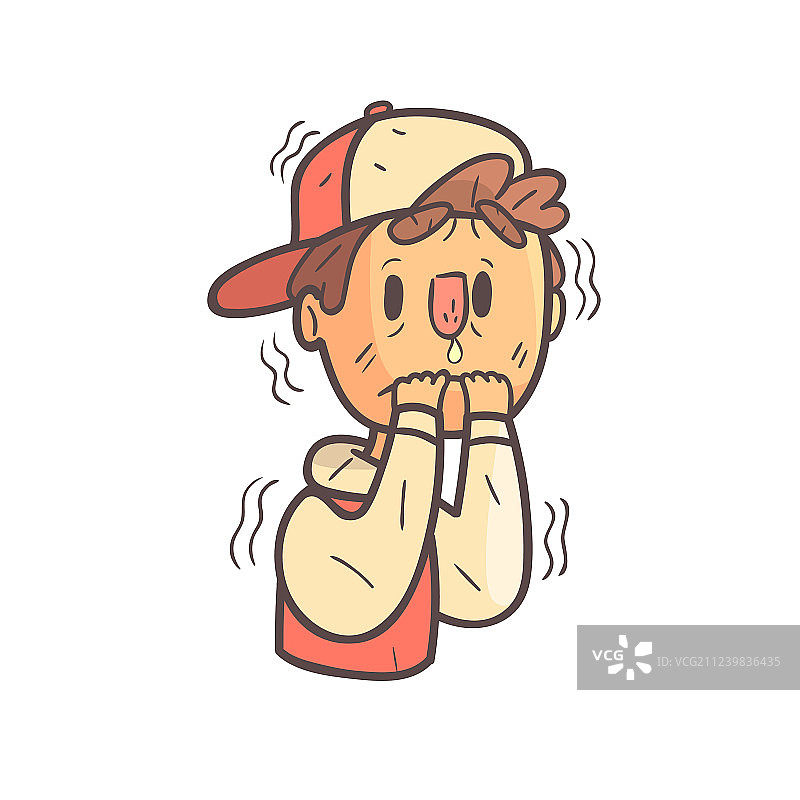 戴帽子和学院夹克的男孩因恐惧而颤抖图片素材