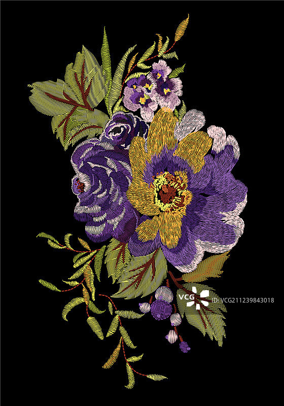 黑色背景上的彩色刺绣图片素材