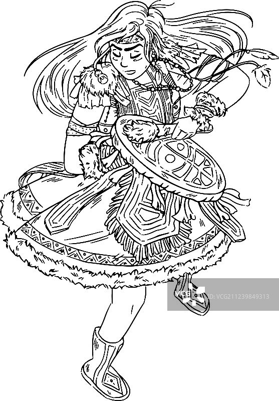 跳舞的萨满女孩与铃鼓图片素材