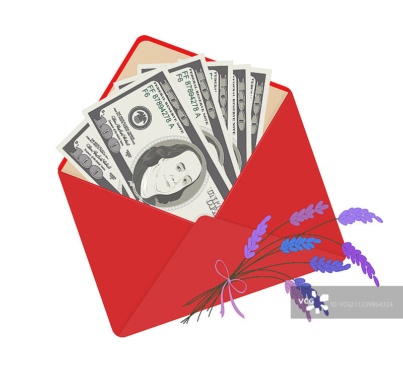 红色信封里的一百美元纸币图片素材