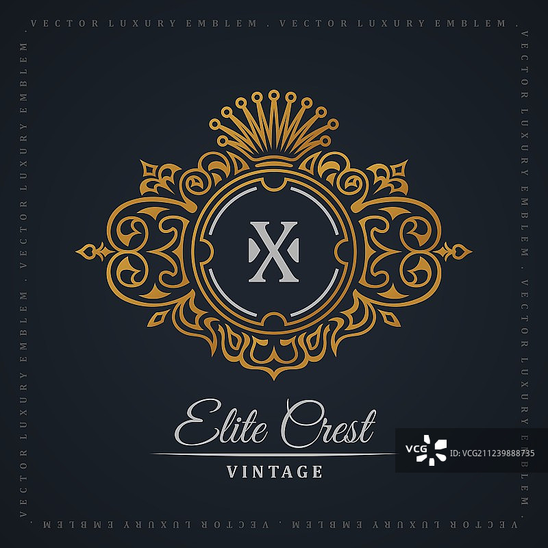 金色复古标志组合：花纹与徽章图片素材