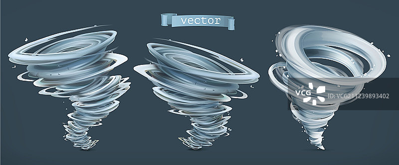 深色背景上的龙卷风飓风3D图标集图片素材