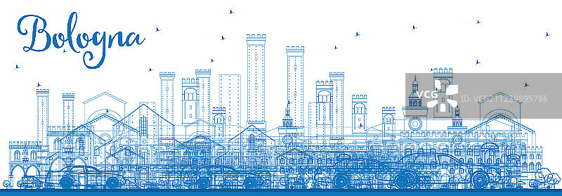 博洛尼亚城市天际线蓝色地标轮廓图片素材