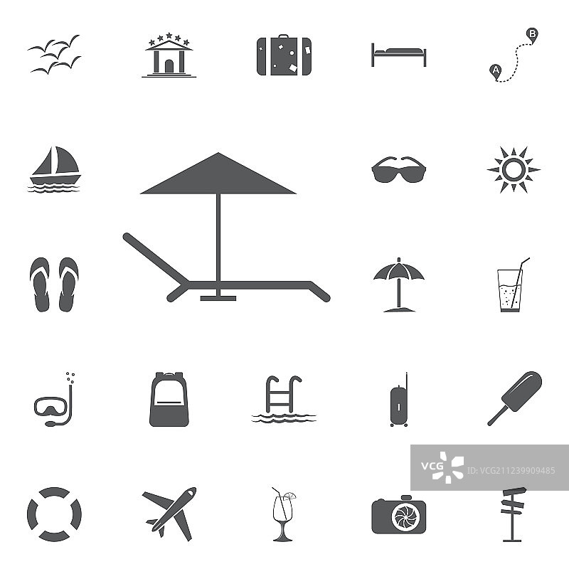海滩遮阳伞和躺椅图标（扁平风格）图片素材