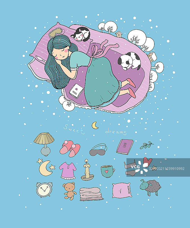 女孩和小猫在床上睡觉，晚安图片素材