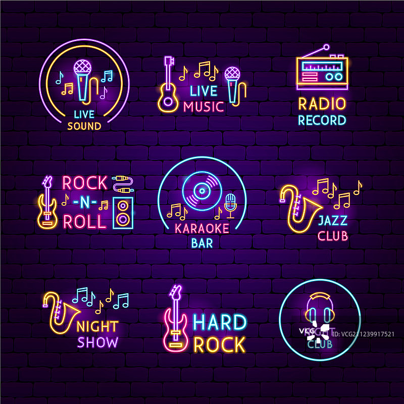 音乐霓虹灯标签套装图片素材